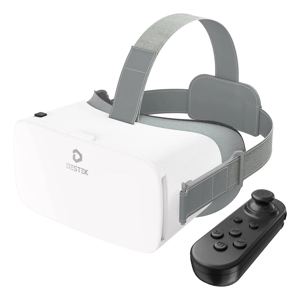 DESTEK V5 VR Headset for Phone with Controller Anti-Blue Eyes Protected HD Lenses 110° FOV Virtual Reality Headsets VR Goggles for iPhone 15/14/13/12/11 Samsung Android - White