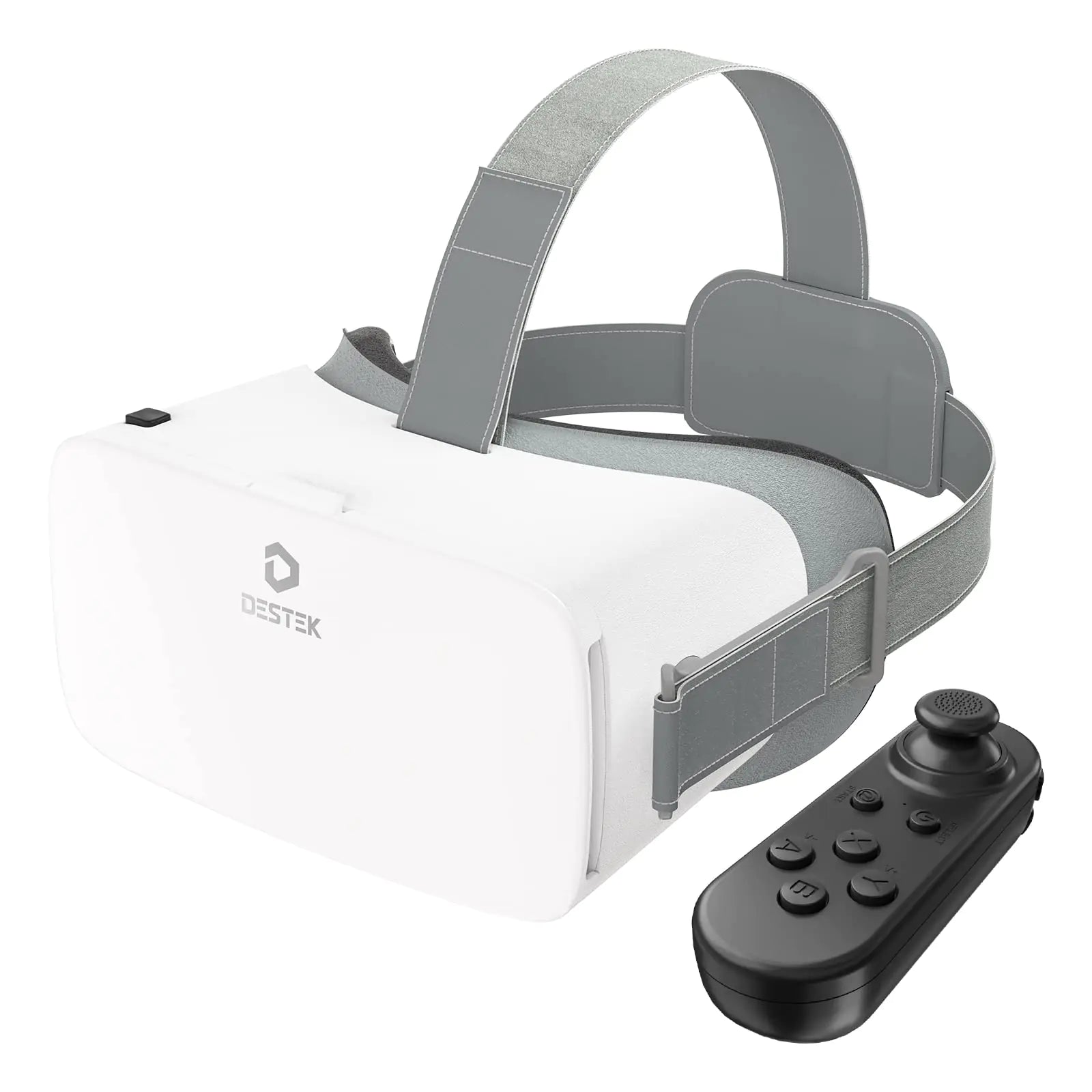 DESTEK V5 VR Headset for Phone with Controller Anti-Blue Eyes Protected HD Lenses 110° FOV Virtual Reality Headsets VR Goggles for iPhone 15/14/13/12/11 Samsung Android - White